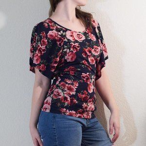 Rose Floral Print Form Fitting Blouse